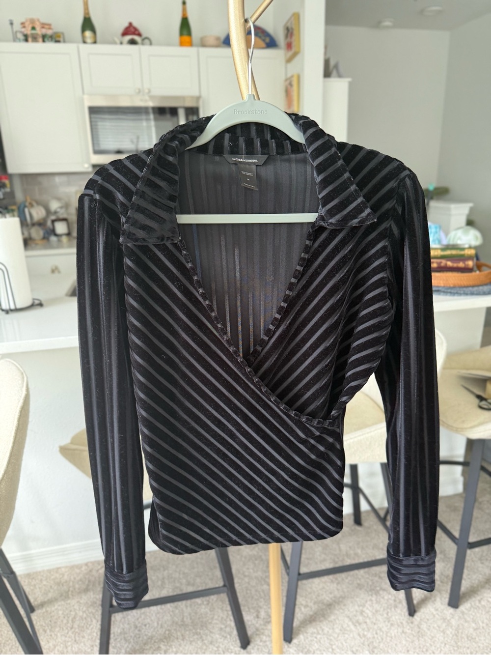 Vintage Moda International Black Velvet-Striped Wrap Blouse